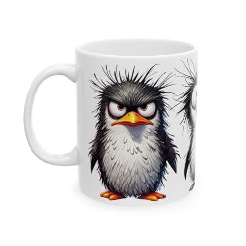 Frazzled Penguin Mug – 15oz Ceramic Coffee Cup with Expressive Bird Art – Penguin Lover Gift for Women & Men – Funny Animal Mug for Home or Office
