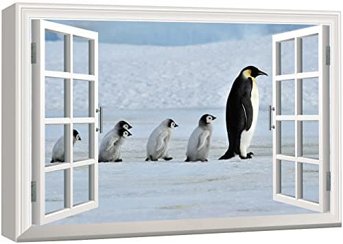 wall26 Canvas Print Wall Art Window View of Arctic Penguins in Snow Nature Animals Photography Realism Rustic Scenic Colorful Relax/Calm Ultra for Living Room, Bedroom, Office - 24"x36"
