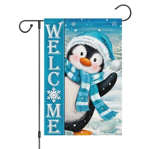 Wodison Winter Penguin Garden Flag 12x18 Inch Double Sided Burlap for Outside，Snowflakes Welcome Holiday Yard Outdoor Decorative Flag