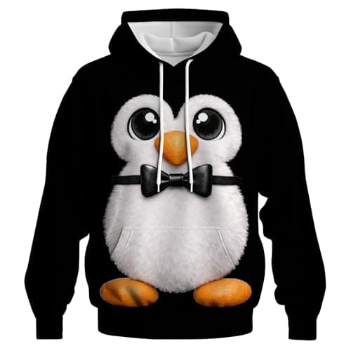Rebaike Cute Penguin 3D Illusion Hoodie Unisex Funny Animal Plush Graphic Sweatshirt Kawaii Cartoon Penguin Pullover Cozy Winter Casual Streetwear Hoodie,White,M