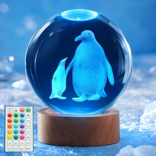 POSSHE Penguin Night Light, Penguin Gifts, K9 3.15 Inch (80mm) Crystal Ball Night Light with 16 Colors Remote Upgraded Lamp for Birthday Xmas Cool Animal Figurines Gifts for Room Decor Boys Girls