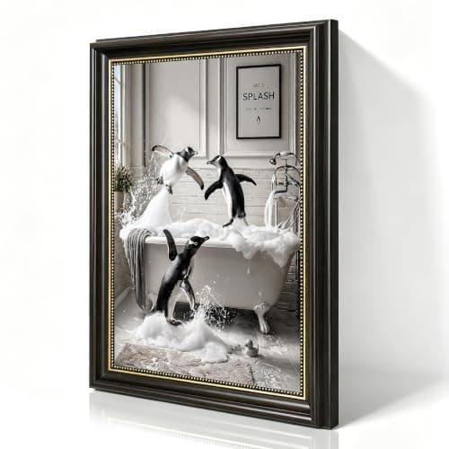 EFXJVW Funny Penguin Bathroom Wall Art, Black and White Animals Playing in Bathtub Print, Whimsical Splash Poster for Powder Room, Black PS Frame with Gold Dots, No Drill Adhesive Strips Included