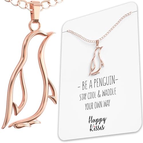 Penguin Necklace Gift For Girls – Happy Penguin Pendant Charm With Funny Gift Card “Stay Cool & Waddle Your Own Way” (Rose Gold)