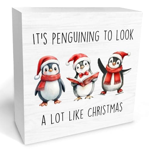 IRTAGANNY Funny Christmas Penguin Wooden Box Sign Desk Decor, Penguin Christmas Decorations, Holiday Winter Xmas Penguins Wood Block Sign for Home Office Wall Tabletop Shelf Decorations, 5x5 Inch