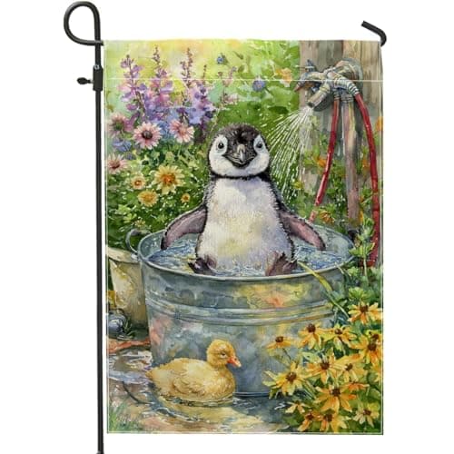 Fanciful Penguin Garden Flag, Colorful Floral Outdoor Decor, Double Sided Burlap Yard Banner for Spring Summer Party Decoration 12x18 Inch
