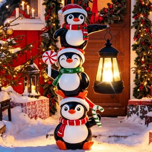 Qeinwha 11.8inch Christmas 3 Tiers Stacked Penguin Statue with Solar Lights