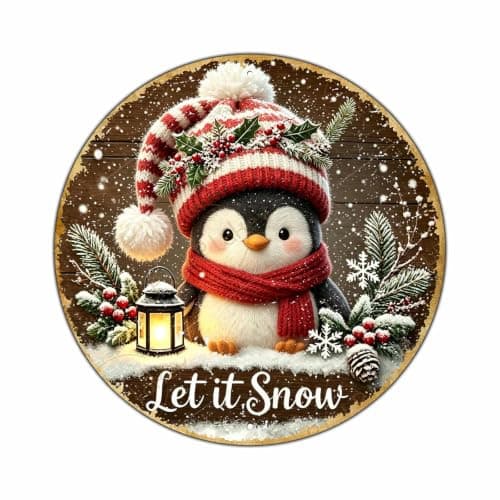 Let It Snow Decor Cute Winter Penguin Round Metal Tin Sign Farmhouse Wall Art Garden Patio Backyard Decorative Christmas Wreath Sign for Front Door 8 Inch