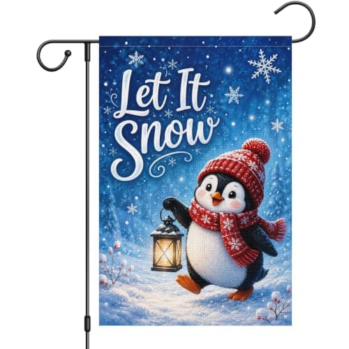 Heyfibro Let It Snow Winter Garden Flag 12x18 Inch Double Sided Burlap, Cute Penguin with Lantern Snowflake Yard Banner for Snowy Blue Winter Forest Decor(ONLY FLAG)