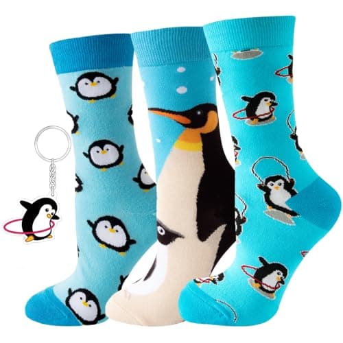 Angelteers 3 Pairs Funny Cartoon Farm Animal Pattern Cotton Crew Socks for Women (US, Alpha, One Size, Regular, Regular, Penguin)