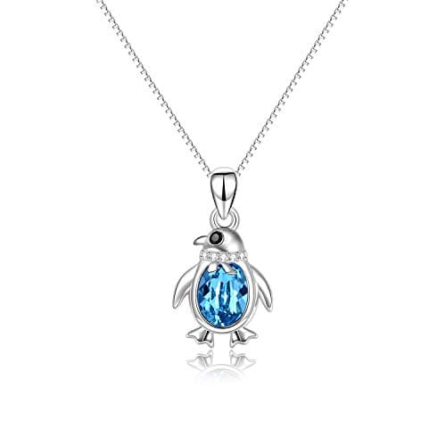 AOBOCO Penguin Necklace for Women 925 Sterling Silver Blue Crystal Pendant Necklaces Animal Jewerly Gift for Mother and Daughter