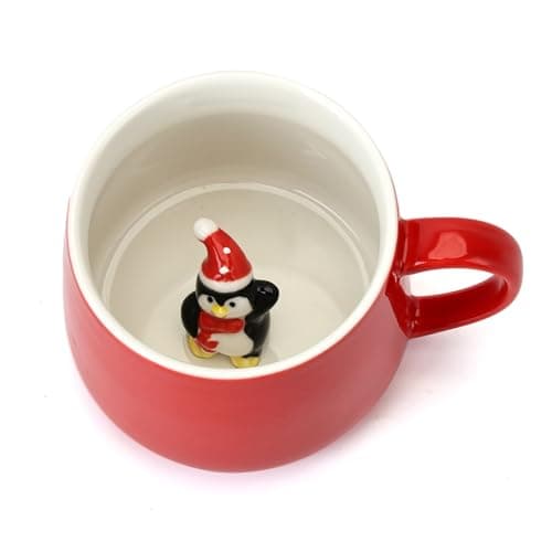 WDAGEOT Cute Penguin Ceramic Coffee Mug Hidden 3D Animal In Cup Ideal Creative Holiday Gifts Christmas and Birthday Gifts for Animal Lovers Family Kids Friends Colleagues 12OZ (Black and Red)