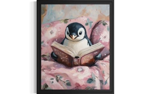 Ajsupplydecor Penguin Reading Nursery Unframed Poster Art Print, Children Boy Girl Storytime Cute Bedtime Classroom Library Wall Art Decor B127 (Penguin Reading Nursery, 14" L x 11" W, Unframed)
