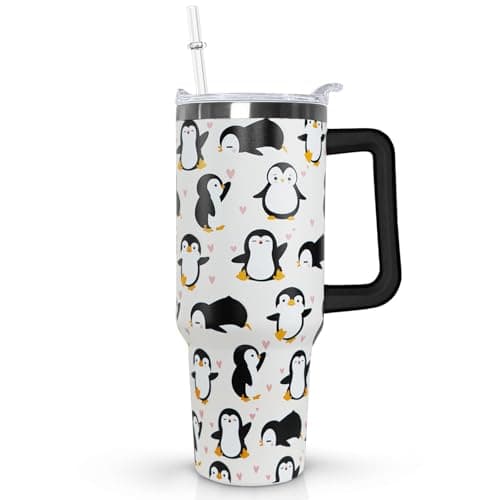 Ceovfoi 40 Oz Penguin Tumbler With Handle, Coffee Travel Mug Cup Water Bottle, Penguin Decor and Gifts for Women