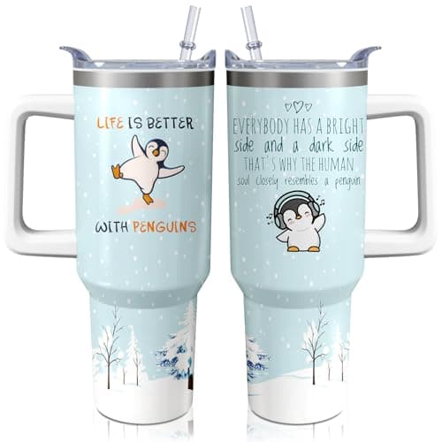 40oz Cute Penguin Tumbler with Handle and Straw, Animal Lovers Gifts for Women Men, Stainless Steel Travel Mug Water Bottle, Vacuum Insulated Cup with Lid