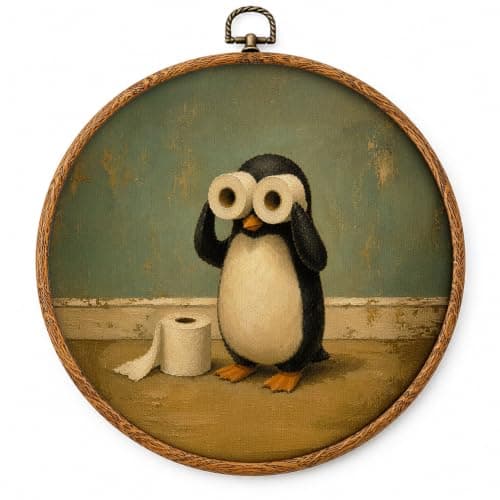 ChenCraty Funny Penguin Bathroom Framed Round Wall Art 10x10 Inch