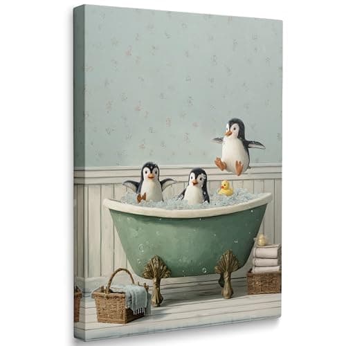 Amovlov Funny Bathtub Penguin Wall Print Funky Yellow Duck Canvas Posters Retro Style Indoor Animal Print for Bathroom Office, Restroomtoilet Wall Decor Framed Ready to Hang (12''x16'')