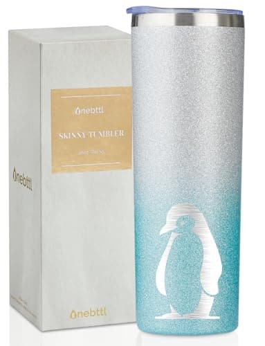 Onebttl Penguin Gifts for Women on Valentine‘s Day, Christmas, Birthday, 20oz Cute Insulated Stainless Steel Tumbler with Lid and Straw - Silver Blue