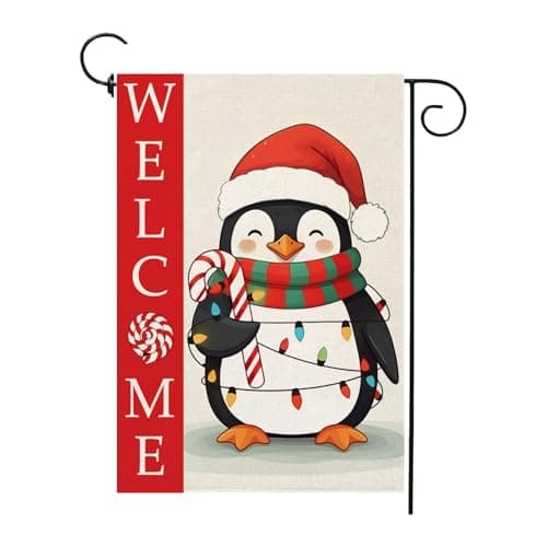 Welcome Christmas Garden Flag Xmas Penguin Burlap 12 x 18 Inch Vertical Double Sided Winter Vacation Decorations Candy Cane Yard Outdoor Decor