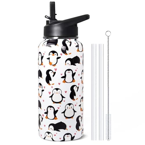 TWBDMKC 32oz Penguin Stainless Insulated Aater Water Bottle with Straw,Penguin Gym Hiking Sports Coffee Mug Cup Water Bottles,Penguin Gifts for Women,Penguin Decor Stuff Accessories