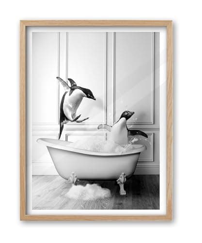 iHery 12x16in Natural OAK Wood Framed Penguin Bath Wall Art