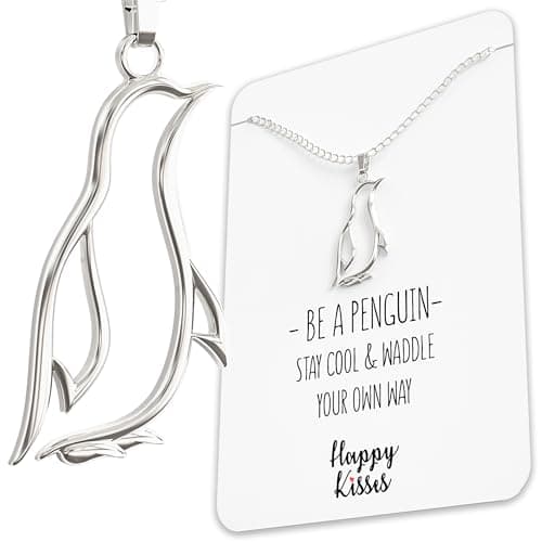 Happy Kisses Penguin Necklace Gift – Cute Penguin Pendant – Charm Jewelry for Women, Girls and Kids – With Message Card (Silver)