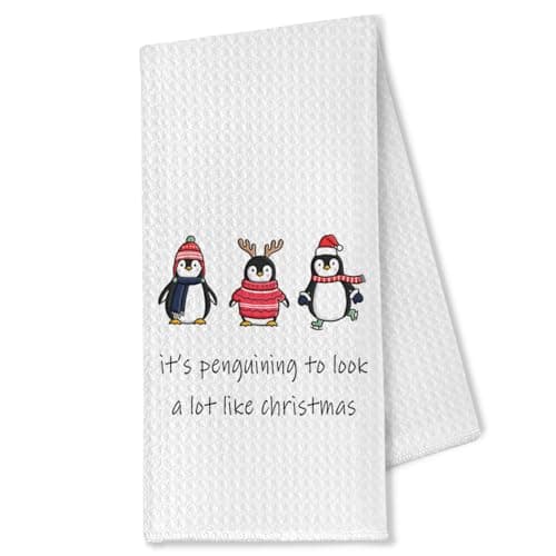 OTOUO Penguin Hand Towels, Christmas Kitchen & Bath Decor, 16x24 Inches