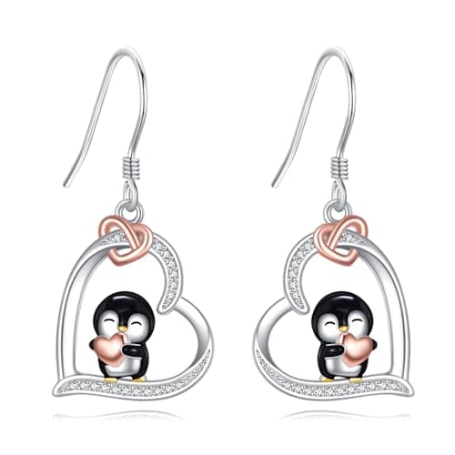 JERWLI Sterling Silver Penguin Dangle Drop Earrings - Heart Penguin Jewelry Christmas Gifts for Women