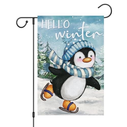 Wodison Penguin Hello Winter Garden Flag 12x18 Inch Double Sided Vertical, Small Welcome Winter Snow Flags for Farmhouse Yard Outdoor Decorations