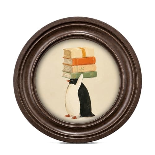 MOCHPEN Penguin Round Wall Art Decor, Vintage Tiny Librarian Painting Artwork, Whimsical Wall Decoration for Bedroom Living Room Nursery Study, Cozy Reading Home Accent, 5.7x5.7 Inch