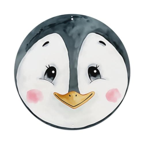 Cute Penguin Face Watercolor Print Round Tin Sign, Vintage Metal Wall Plaque Decorative Art for Home Bar Cafe Garage Man Cave, Retro Metal Poster 8 X 8 Inch