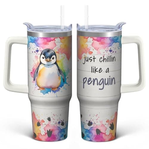 Xchearser Penguin Tumbler with Handle and Straw, 30oz Travel Coffee Mug Water Bottle with Lid, Stainless Steel Insulated Cup, Birthday Gifts for Women Animal Lovers