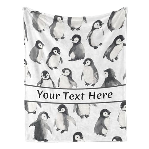 Personalized Penguin Throw Blanket, Custom Name Soft Flannel Blanket Gift for Him Mom Dad, Warm Cozy for Couch Sofa Bed Living Room