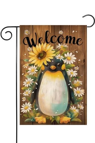 HILILIAN Welcome Penguin Garden Flag Double Sided 12 x 18 Inch Summer Sunflower Daisy Yard Lawn Outside Farmhouse Outdoor Home Decoration(5236)