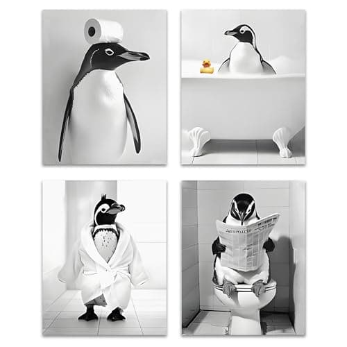 OFJE Funny Penguin Bathroom Wall Art Decor Prints Set of 4, Black and White Penguin in Bathtub Posters Pictures Wall Decor for Bathroom Washroom Restroom, 8x10 Unframed