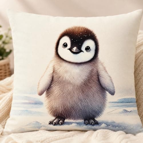 Cute Baby Penguin Pillow Cover, Arctic Nursery Animal Decor, 18x18 Inch