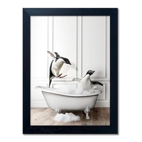 Kids Bathroom Wall Decor Funny Bathroom Wall Art Black and White Wall Decor Cute Penguins in Bathtub Canvas Print Painting Framed Farmhouse Animal Artwork