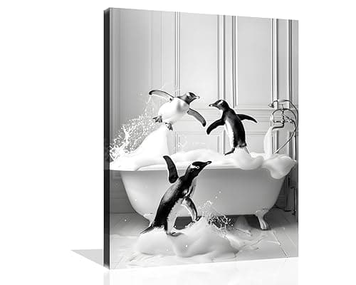 OWNANRTHM Funny Animals Bathroom Canvas Wall Art Penguin in Bathtub Wall Art Funny Animal Bathroom Painting Black and White Penguin Bathtub Pictures for Bath Restroom Wall Decor Framed 8X10 inch
