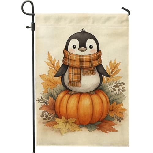 Fall Penguin Garden Flag, Cute Penguin with Pumpkin and Autumn Leaves Home Decor Banner, Double Sided Burlap Yard Flag for Outdoor Lawn Decoration 12x18 Inch