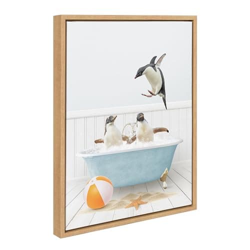 Kate and Laurel Sylvie Three Penguins Beach House Bath Framed Canvas Wall Art by Amy Peterson, 18x24 Natural, Cute Animal Bathtub Art for Wall