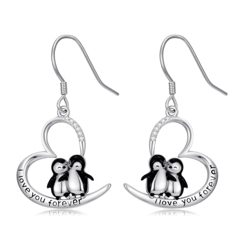 KoyeKei Penguin Earrings Gifts for Women 925 Sterling Silver 2 Penguin Heart Dangle Drop Earrings Cute Jewelry Christmas Mothers Day Gift for Mom for Daughter
