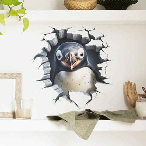 MEFOSS 3 PCS Broken Penguin Wall Decals Break Through the Wall Penguin Wall Stickers Removable 3D Animal Wal Art Decor for Kids Room Playroom Nursery Bathroom