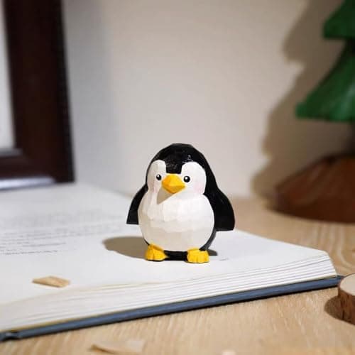 ShaoAngDuoMi Hand-Carved Wooden Black Penguin Figurine – Cute Penguin Statue Ocean Animal Desk & Home Decor, Handmade Wood Penguin Ornament, Unique Gift for Animal Lovers