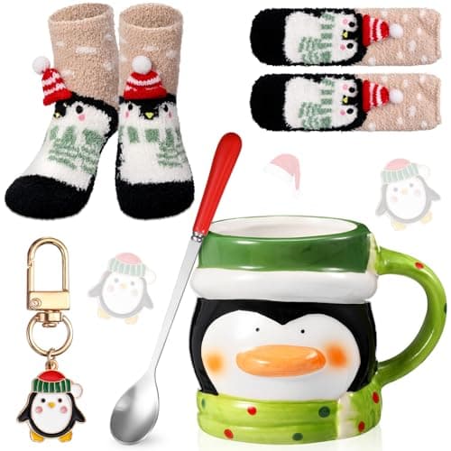 Sliner 4 Pcs Penguin Mug Gift Set Christmas Coffee Mug Spoon Socks Keychain