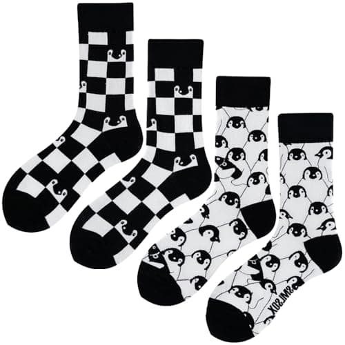 Angelteers 2 Pairs Cartoon Animal Crew Socks Fun Cotton Mid Calf Socks for Women (US, Alpha, One Size, Regular, Regular, Penguin)