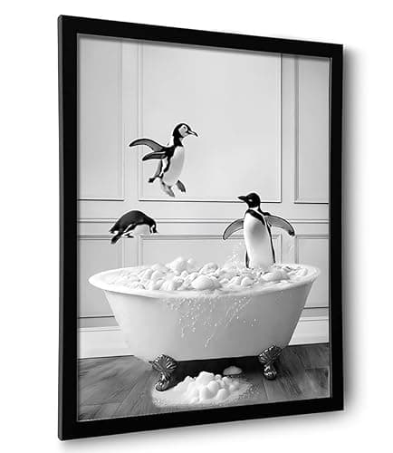 Ardakar Framed Bathroom Decor Wall Art, Black and White Bathroom Decor, Funny Wall Decoration Animal Penguin in Bathtub Posters, Cute Animal Wall Art for Kid's Room (Framed,8''x10'')