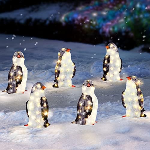 6 Lighted Penguin Christmas Yard Decorations with Battery LED Lights Set