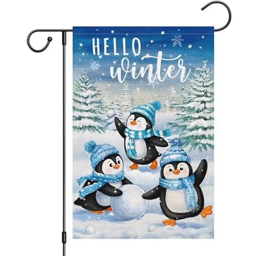 Heyfibro Hello Winter Penguin Garden Flag 12x18 Inch Double Sided Burlap, Christmas Pine Snowflake Snow Yard Flags for Seasonal Xmas Outside Outdoor Decoration (ONLY FLAG)