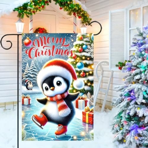BlissYard Christmas Garden Flag 12x18 Inch Skating Penguin Yard Decor