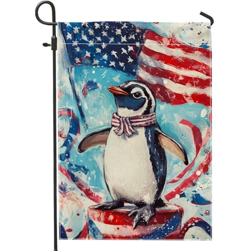 Patriotic Penguin Garden Flag, Red White Blue Home Decor Banner, Double Sided Burlap Summer Outdoor Lawn Decoration, Independence Day Party Decor 12x18 Inch