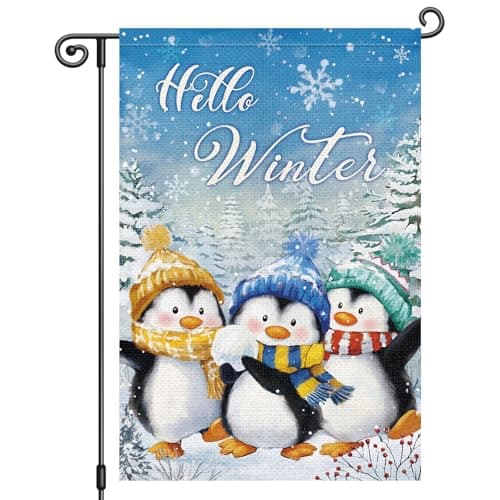 Heyfibro Hello Winter Penguins Garden Flag 12x18 Inch Double Sided Winter Snowflakes Pine Trees Garden Flag Small Yard Flags for Outside House Farmhouse Holiday Decoration